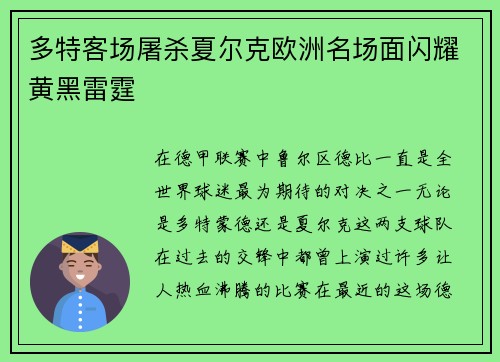 多特客场屠杀夏尔克欧洲名场面闪耀黄黑雷霆